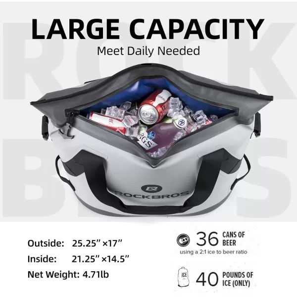 ROCKBROS Soft Cooler Insulated Leak Proof Cooler Bag Portable 36 Can Large Soft Sided Coolers Waterproof Insulated Pack Cooler for Travel Beach Camping Picnic Lunch Fishing Floating PartyGray