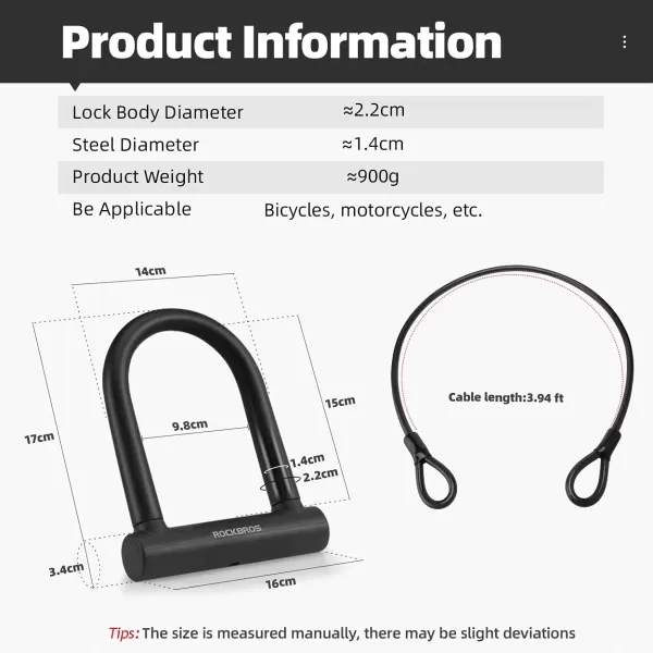 ROCKBROS U Lock Bike U Lock with Cable Heavy Duty Anti Theft Bike Lock Ulock 4 ft Cable Mounting Bracket for Bikes eBikes Motorcycles ScootersRed
