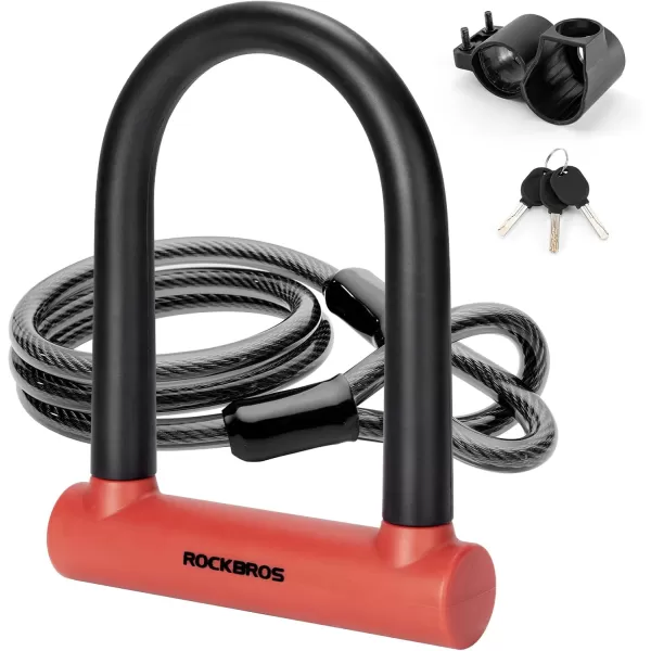 ROCKBROS U Lock Bike U Lock with Cable Heavy Duty Anti Theft Bike Lock Ulock 4 ft Cable Mounting Bracket for Bikes eBikes Motorcycles ScootersRed