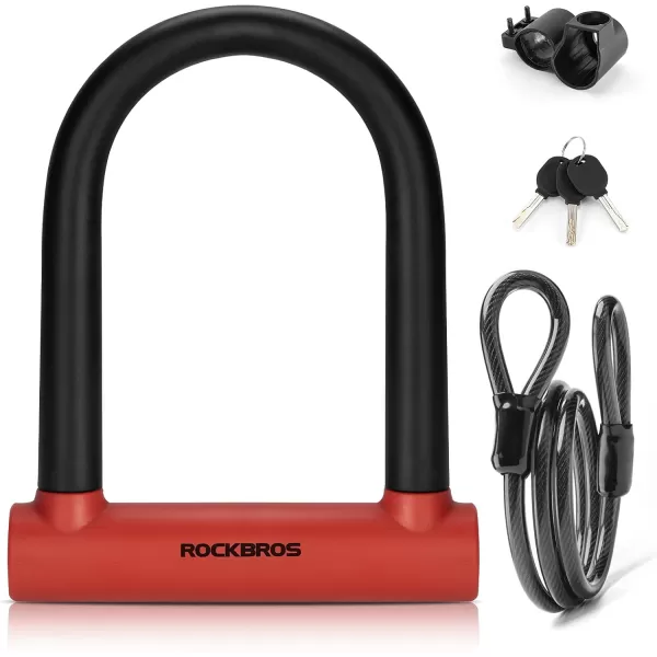 ROCKBROS U Lock Bike U Lock with Cable Heavy Duty Anti Theft Bike Lock Ulock 4 ft Cable Mounting Bracket for Bikes eBikes Motorcycles ScootersRed