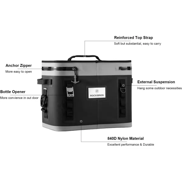 Rock BROS Soft Cooler 30 Can Insulated Leak Proof Soft Pack Coolers Waterproof Soft Sided Cooler Bag for Camping Fishing Road Beach Trip Golf PicnicsBlack