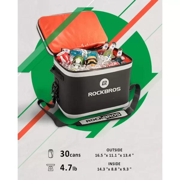 Rock BROS Soft Cooler 30 Can Insulated Leak Proof Soft Pack Coolers Waterproof Soft Sided Cooler Bag for Camping Fishing Road Beach Trip Golf PicnicsBlack