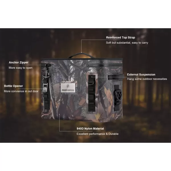 Rock BROS Soft Cooler 30 Can Insulated Leak Proof Soft Pack Coolers Waterproof Soft Sided Cooler Bag for Camping Fishing Road Beach Trip Golf PicnicsCamo