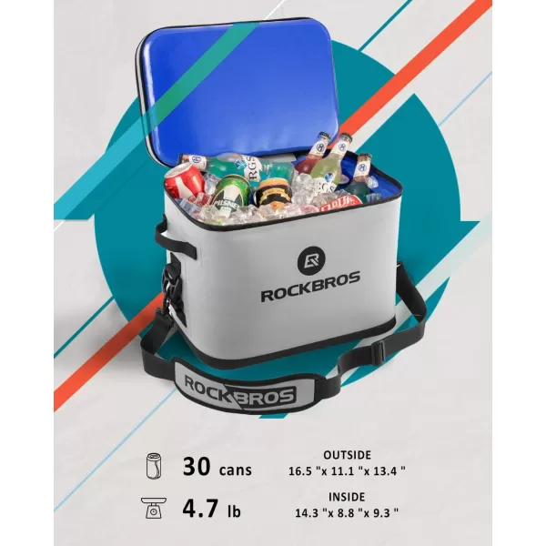 Rock BROS Soft Cooler 30 Can Insulated Leak Proof Soft Pack Coolers Waterproof Soft Sided Cooler Bag for Camping Fishing Road Beach Trip Golf PicnicsWhiteGrey