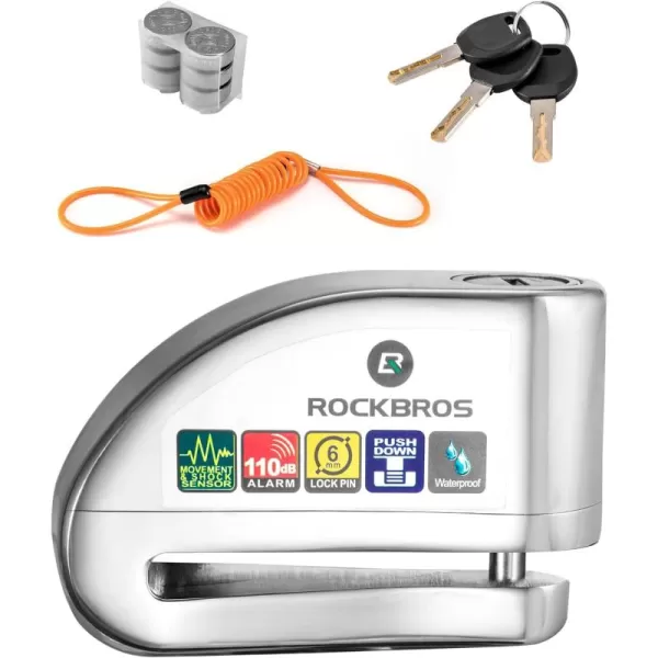 ROCKBROS Disc Brake Lock Motorcycle Alarm Lock AntiTheft 110db Motorcycle Lock with Reminder Cable Disc Brake Vehicle for Motorbike ScooterSilver