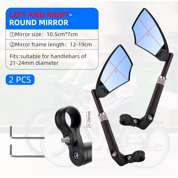 ROCKBROS 2023 Newest Handlebar Bike Mirror Adjustable Safe Rear View Mirror Antiglare Lens Scratch Resistant Glass Lens 360 Degree Flat Rotation Bike Accessories Suitable For 2124mm Handlebarblackleft and right