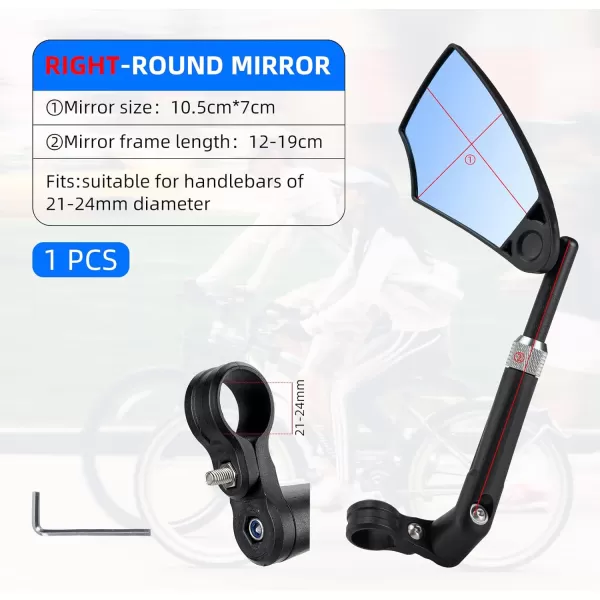 ROCKBROS 2023 Newest Handlebar Bike Mirror Adjustable Safe Rear View Mirror Antiglare Lens Scratch Resistant Glass Lens 360 Degree Flat Rotation Bike Accessories Suitable For 2124mm Handlebarblackright