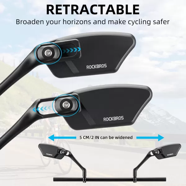 ROCKBROS Bike Mirrors Handlebar Mount Rearview Mirror HD BlastResistant Allround Angle Adjustable Retractable Bicycle Mirror for Ebike 2126mm Handlebarblackleft