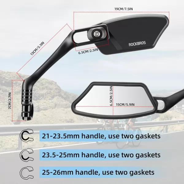ROCKBROS Bike Mirrors Handlebar Mount Rearview Mirror HD BlastResistant Allround Angle Adjustable Retractable Bicycle Mirror for Ebike 2126mm Handlebarblackleft