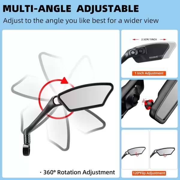 ROCKBROS Bike Mirrors Handlebar Mount Rearview Mirror HD BlastResistant Allround Angle Adjustable Retractable Bicycle Mirror for Ebike 2126mm Handlebarblackleft