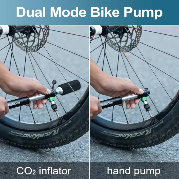 ROCKBROS Mini Bike Pump 110PSI Hand Pump and CO2 Inflator Dual Purpose Presta and Schrader Valve Compatible Bicycle Tire Pump for Road and Mountain Bikes Insulated Sleeve  No CO2 Cartridges Included