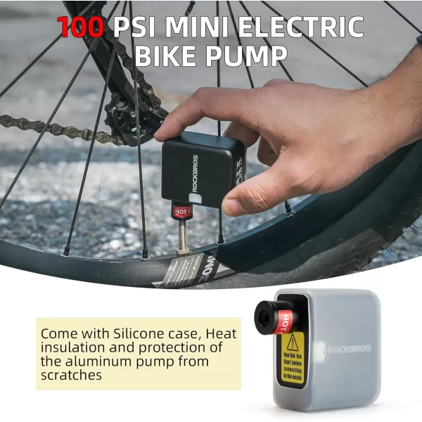 ROCKBROS Mini Bike Pump Portable Electric Bicycle Pump100PSI Tiny Bike Air Pump Tire Inflator TypeC Rechargeable Battery with Presta Schrader Valve Cycling Gifts for Men WomenBlack100PSI