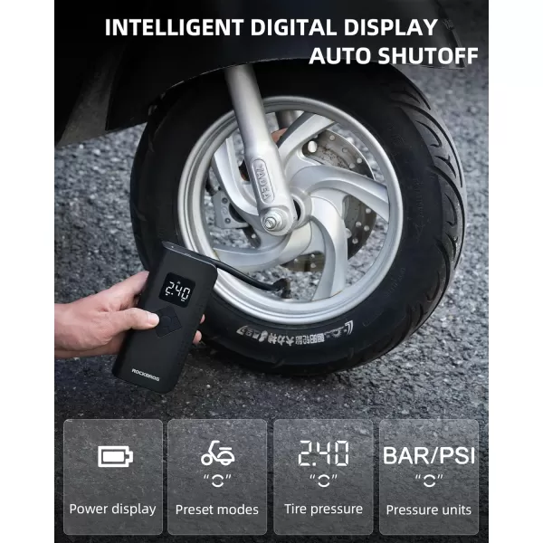 ROCKBROS Tire Inflator Portable Air Compressor 150PSI Cordless Air Pump with Pressure GaugeLED LightAuto OffTire Pump for Car Bicycle Motorcycle EBike Balls