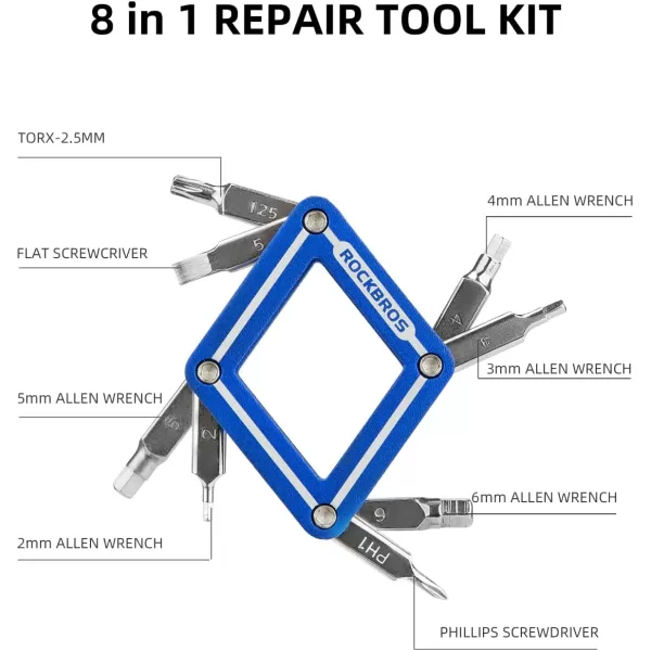 ROCKBROS Bike Repair Tool Kit 8 in 1 Bicycle Multitool Bike Chain Tool Hex Key Wrench Multi Function Accessories Set for Road Mountain BikesBlue