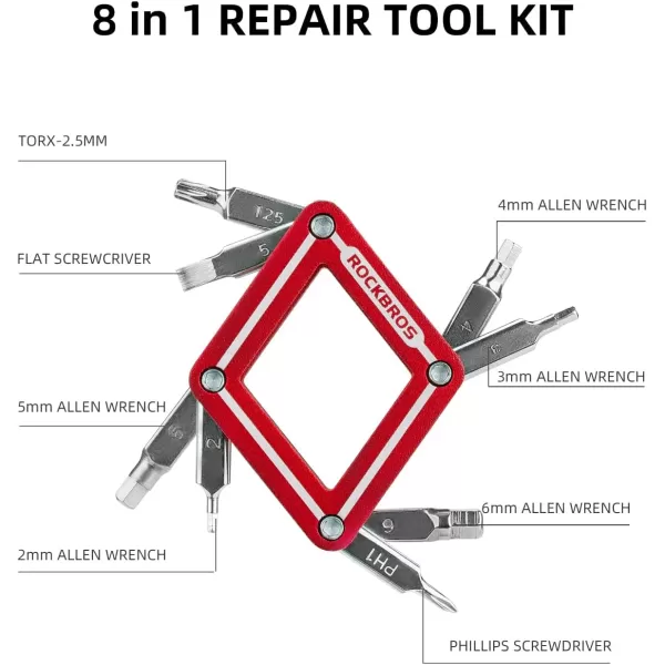 ROCKBROS Bike Repair Tool Kit 8 in 1 Bicycle Multitool Bike Chain Tool Hex Key Wrench Multi Function Accessories Set for Road Mountain BikesRed