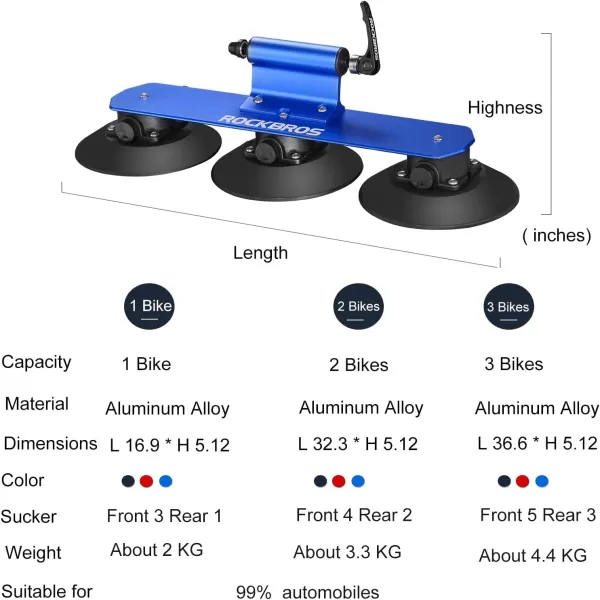 imageROCKBROS Suction Cup Roof Bike Rack for Car Roof Sucker Bicycle Carrier Quick Release Aluminium Alloy Roof Rack for 1 2 3 Bikes Max 2Bikes Blue1Bike Blue