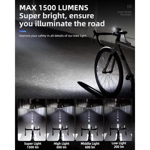 imageROCKBROS 1500 Lumens Bike Light for Night Riding 5000mAh USBC Rechargeable Bike Headlight Aluminium Alloy IPX6 Waterproof Bike Front Light 5 Modes ampamp Auto Mode AntiDazzling LED Bike Light1500LMRemote Control