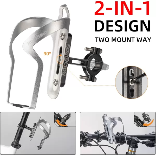 imageROCKBROS Bike Cup Holder 2in1 Bicycle Bottle Bracket Aluminum Alloy Water Bottle Cages Universal Rotation Cup Drink Holders for Bike Handlebars Motorcycle MTB Boat Walker Wheelchair StrollerSilver
