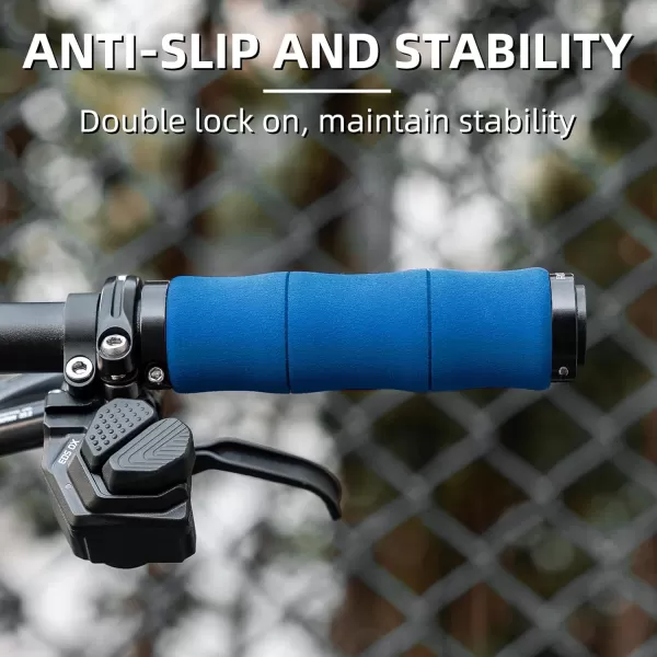 imageROCKBROS Bike Grips Shock Absorption Foam Bike Handle Grips Soft Comfortable NonSlip Double Locked on Mountain Bike Grips for BMX MTB Mountain Beach Cruiser Scooter Ebikeblue