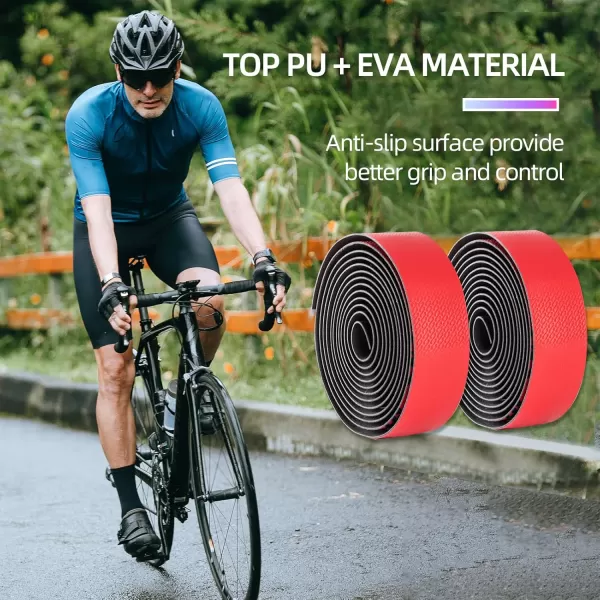 imageROCKBROS Bike Handlebar Tape  Road Bicycle Bar Tapes 2 Roll PU Leather Surface EVA Foam Cycling Handle Bar Wraps with End PlugsRed