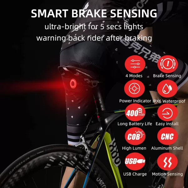 imageROCKBROS Bike Tail Light SmartBrake Sensing Bicycle Rear Lights for Night RideUltra Bright LED Back LightsType C USB RechargeableIPX6 WaterproofCycling Safety Taillight Accessories