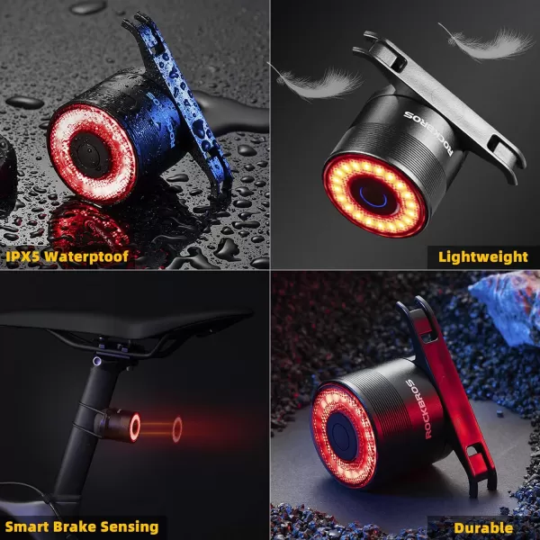 imageROCKBROS Bike Tail Light USB Rechargeable Bicycle Taillight Auto On Off Sensor IPX6 Waterproof Bike Rear Lights for Night Riding and Bicycle Safety 4 Light Modes Cycling Safety Light