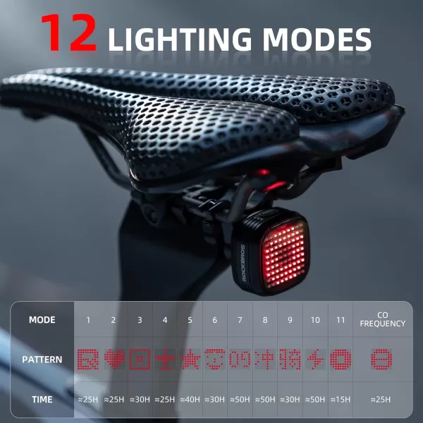 imageROCKBROS Break Sensing Bike Light Smart Bike Tail Light Rechargeable 12 Lighting Modes IPX6 Waterproof Co Frequency Bike Light