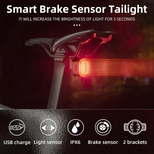imageROCKBROS Smart Bike Tail Light for Night Riding Brake Sensing Bicycle Rear Lights USB Rechargeable IPX6 Waterproof Bright LED Bike Light 260mah Cycling Safety Road BikeTaillight Accessories 4 ModesRed