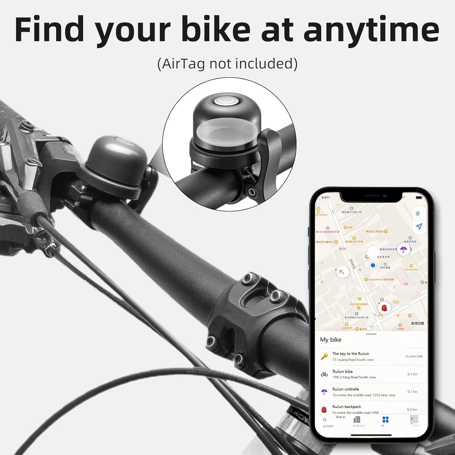 imageROCKBROS Bike Bell for Apple AirTag Hidden Bike Mount Bike AirTag Holder GPS Tracker Bike Bell AntiTheft for Adults Suitable for 087222 1254 125318mm Diameter HandlebarBlack