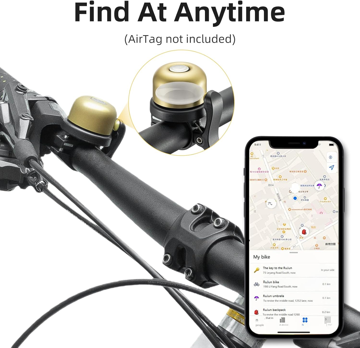 imageROCKBROS Bike Bell for Apple AirTag Hidden Bike Mount Bike AirTag Holder GPS Tracker Bike Bell AntiTheft for Adults Suitable for 087222 1254 125318mm Diameter HandlebarBrass