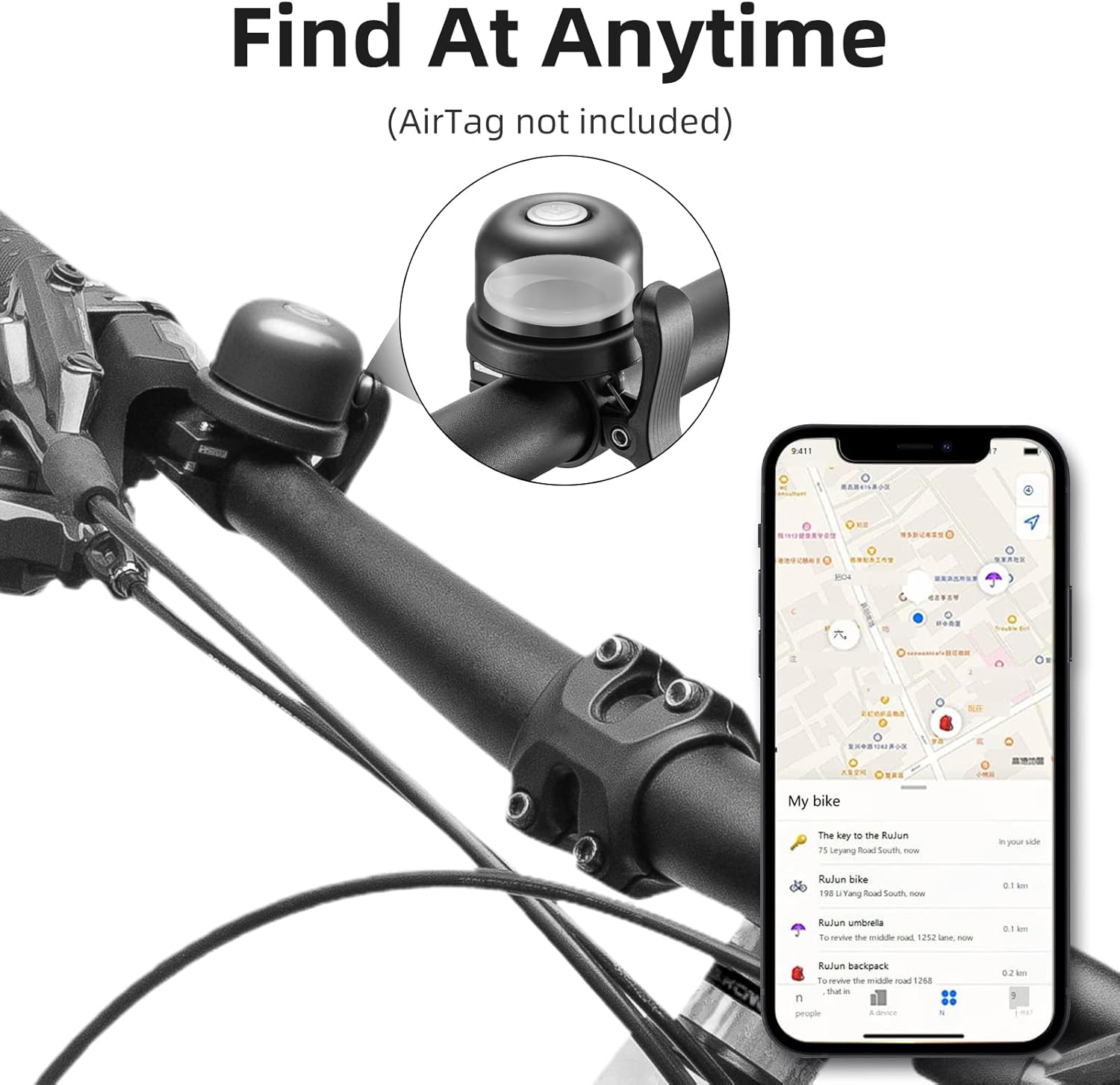 imageROCKBROS Bike Bell for Apple AirTag Hidden Bike Mount Bike AirTag Holder GPS Tracker Bike Bell AntiTheft for Adults Suitable for 087222 1254 125318mm Diameter HandlebarBlack