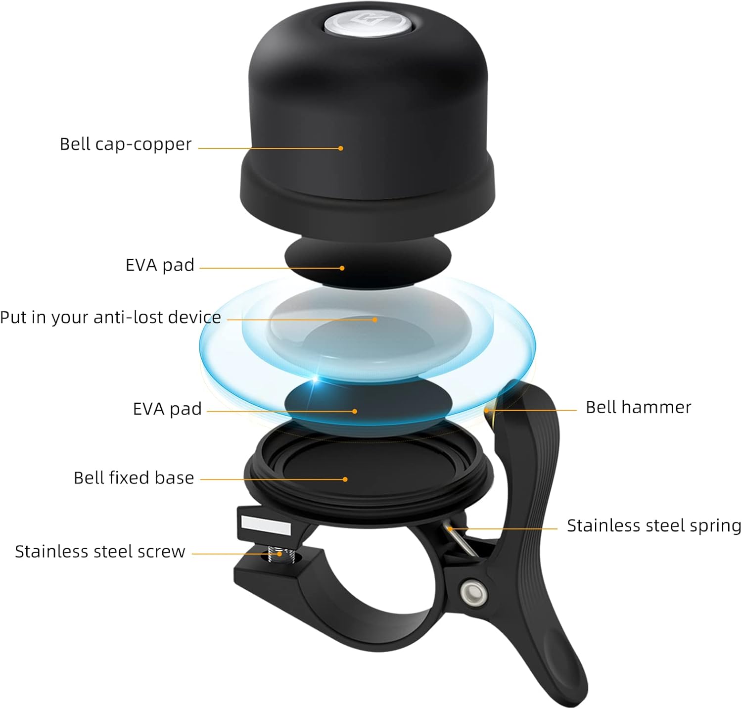 imageROCKBROS Bike Bell for Apple AirTag Hidden Bike Mount Bike AirTag Holder GPS Tracker Bike Bell AntiTheft for Adults Suitable for 087222 1254 125318mm Diameter HandlebarBlack