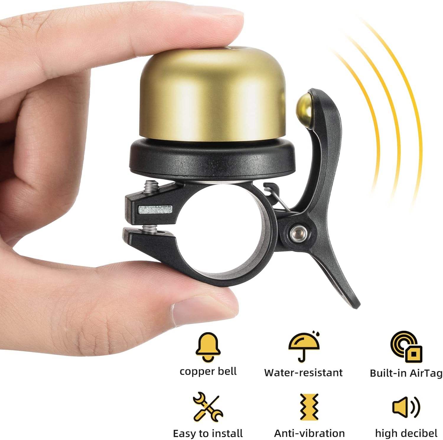 imageROCKBROS Bike Bell for Apple AirTag Hidden Bike Mount Bike AirTag Holder GPS Tracker Bike Bell AntiTheft for Adults Suitable for 087222 1254 125318mm Diameter HandlebarBrass