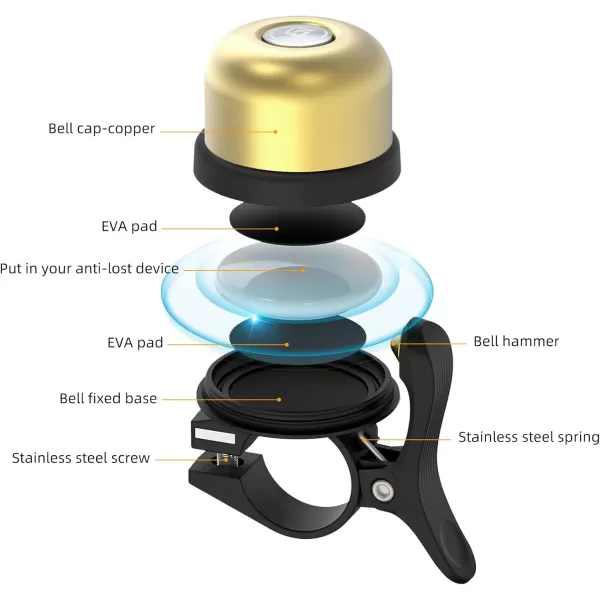 imageROCKBROS Bike Bell for Apple AirTag Hidden Bike Mount Bike AirTag Holder GPS Tracker Bike Bell AntiTheft for Adults Suitable for 087222 1254 125318mm Diameter HandlebarBrass