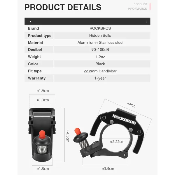 imageROCKBROS Bike Bells Hidden MTB Bells Bicycle Bells for 222mm Handlebars More Than 100dB Clear ampamp Long Sound Ringer Mountain Bike Scooter Youth BikeBlack