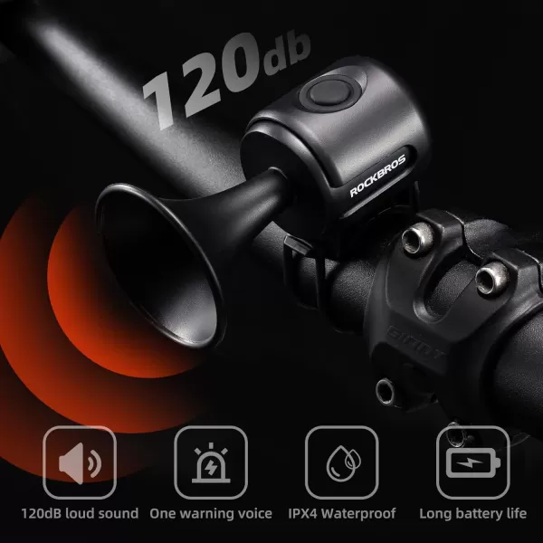 imageROCKBROS Electric Bike Horn 120dB Adults Kids Bike Horn Alarm IPX4 Waterproof Electronic Bicycle Horns for Handlebars Ebike Scooter HornBlack