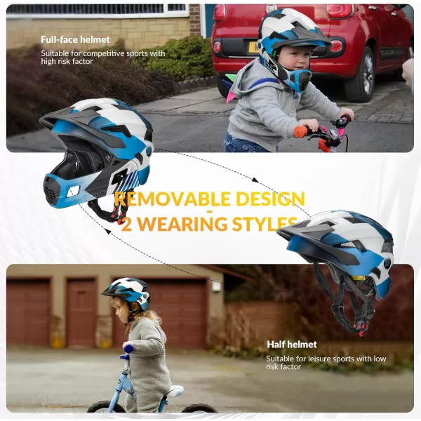 imageROCKBROS Kids Bike Helmet Adjustable Detachable Full Face Bike Helmet for Children Bicycle Skateboard Scooter Protective GearBlue White Black