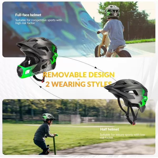 imageROCKBROS Kids Bike Helmet Adjustable Detachable Full Face Bike Helmet for Children Bicycle Skateboard Scooter Protective GearGreen Silver Black