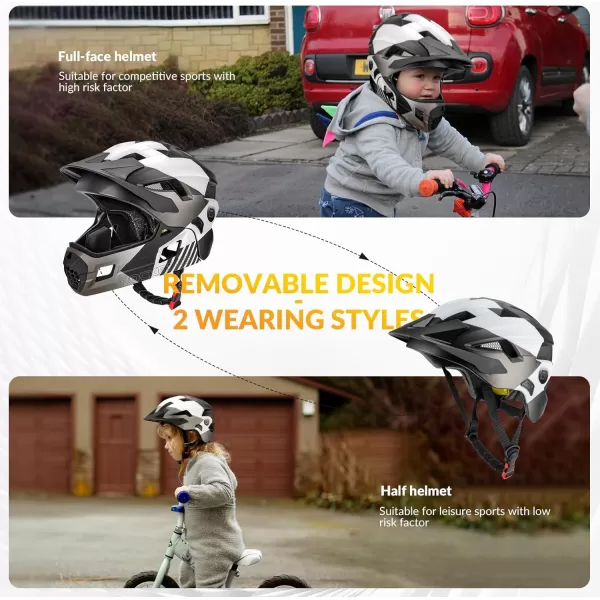 imageROCKBROS Kids Bike Helmet Adjustable Detachable Full Face Bike Helmet for Children Bicycle Skateboard Scooter Protective GearSilver Black White