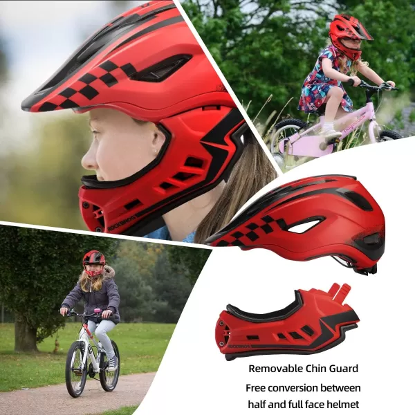 imageROCKBROS Kids Full Face Bike Helmet Lightweight Toddlers Helmets Kids Mountain Bike Helmets Ages 514 AntiCollision Detachable Chin Kids Helmet for BMX Skateboard ScooterRed Black