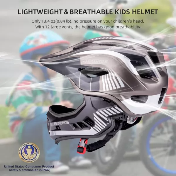 imageROCKBROS Kids Full Face Helmet Kids Bike Helmets Lightweight Toddler Mountain Bike Helmet Detachable for MTB BMX Skating Cycling Scooter Safety Bicycle Helmets for Youth Child Boys Girls Ages 316Black Titanium