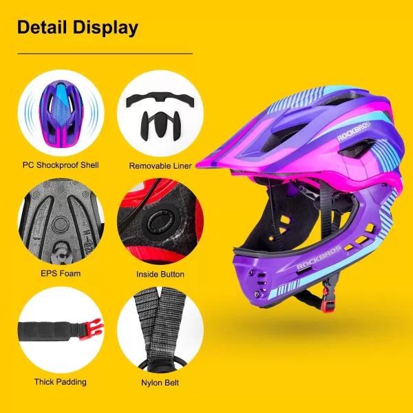 imageROCKBROS Kids Full Face Helmet Kids Bike Helmets Lightweight Toddler Mountain Bike Helmet Detachable for MTB BMX Skating Cycling Scooter Safety Bicycle Helmets for Youth Child Boys Girls Ages 316Pink Purple
