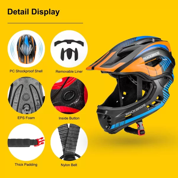imageROCKBROS Kids Full Face Helmet Kids Bike Helmets Lightweight Toddler Mountain Bike Helmet Detachable for MTB BMX Skating Cycling Scooter Safety Bicycle Helmets for Youth Child Boys Girls Ages 316Black Orange