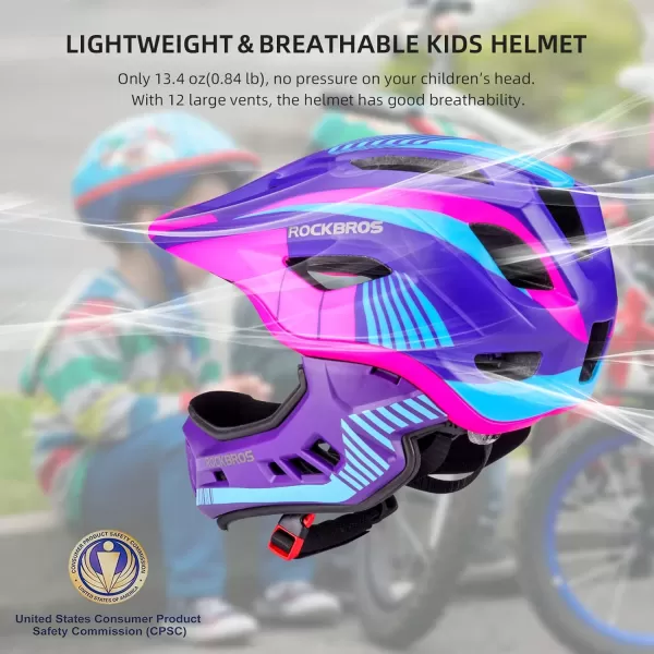 imageROCKBROS Kids Full Face Helmet Kids Bike Helmets Lightweight Toddler Mountain Bike Helmet Detachable for MTB BMX Skating Cycling Scooter Safety Bicycle Helmets for Youth Child Boys Girls Ages 316Pink Purple