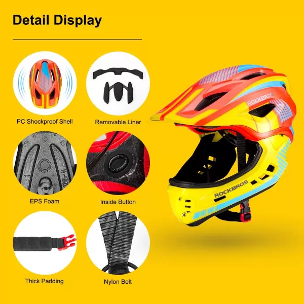 imageROCKBROS Kids Full Face Helmet Kids Bike Helmets Lightweight Toddler Mountain Bike Helmet Detachable for MTB BMX Skating Cycling Scooter Safety Bicycle Helmets for Youth Child Boys Girls Ages 316Orange Yellow