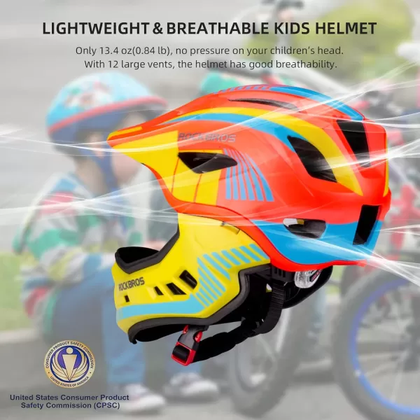imageROCKBROS Kids Full Face Helmet Kids Bike Helmets Lightweight Toddler Mountain Bike Helmet Detachable for MTB BMX Skating Cycling Scooter Safety Bicycle Helmets for Youth Child Boys Girls Ages 316Orange Yellow