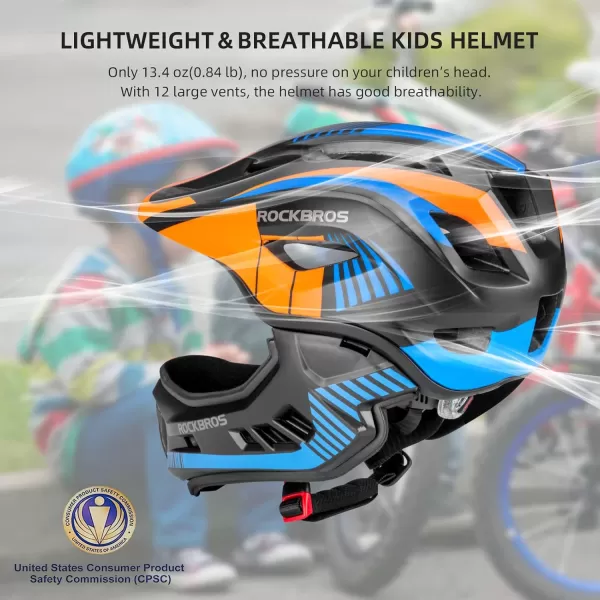 imageROCKBROS Kids Full Face Helmet Kids Bike Helmets Lightweight Toddler Mountain Bike Helmet Detachable for MTB BMX Skating Cycling Scooter Safety Bicycle Helmets for Youth Child Boys Girls Ages 316Black Orange