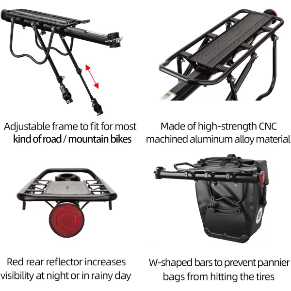 imageROCKBROS Rear Bike Rack Bike Cargo Rack Adjustable Bicycle Luggage Carrier Rack Rear Quick Release Mountain Bike Pannier Rack with Elastic Band and Reflector Most 165 lbs Capacity