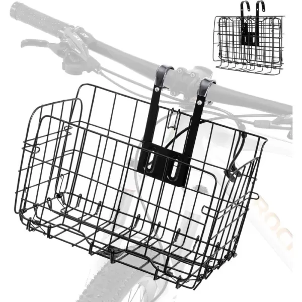 imageROCKBROS Folding Bike Basket Sturdy Front Bicycle Basket Easy to Install for Scooter Mountain Bike and Beach CruiserBlack1pcs