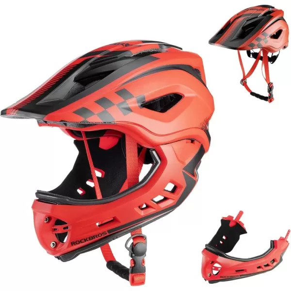 imageROCKBROS Kids Full Face Bike Helmet Lightweight Toddlers Helmets Kids Mountain Bike Helmets Ages 514 AntiCollision Detachable Chin Kids Helmet for BMX Skateboard ScooterRed Black